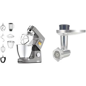 Kenwood Kwl90.034Si Impastatrice Planetaria Titanium Chef Patissier Xl Con Ciotola Easywarm Da 7L & Kax950Me Accessorio Tritacarne Per Impastatrice Planetaria, Acciaio, Argento