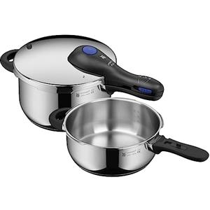 WMF Perfect Plus - Set di pentole a pressione a induzione, 2 pezzi, 4,5 l + 3 l, grande segnale di cottura, 2 livelli di cottura, manico con coperchio rimovibile