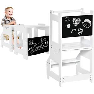 HOMCOM Scala Montessori 2 in 1 in MDF Staccabile, con Sgabello, Lavagna Inclusi, per Bambini 3-6 Anni, Bianco|Aosom