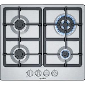 Bosch Pgh6B5B90 Serie 4 Piano Cottura a Gas, Bruciatore Wok: Potenza Fino a 3.3 Kw, Griglie in Ghisa, Acciaio, 60 Cm, 3 zone + Wok