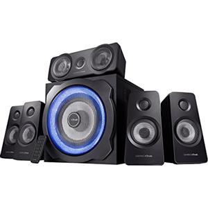 Trust Gaming Gxt 658 Sistema Set Di Altoparlanti Surround 5.1, Con Subwoofer Illuminato Led Blu, Potenza Totale Di 180 Watt, Nero