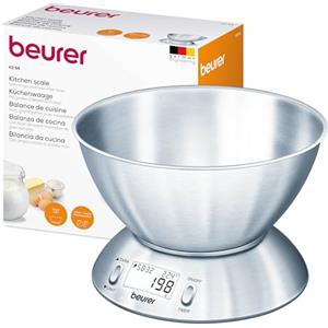 Beurer KS 54 Bilancia da Cucina, con Ciotola in Acciaio Inox Spazzolato Lavabile in Lavastoviglie, Timer Impostabile, Termometro ambientale integrato, Funzione Tara