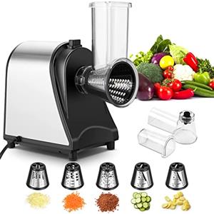 COOCHEER Tritacarne Elettrico 250W, Grattugia elettrica Multifunzione Affettaverdure con 5 tamburi di taglio, Acciaio Inox