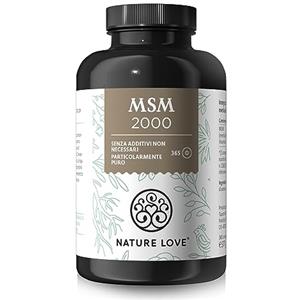 NATURE LOVE® MSM 2000 mg con vitamina C - 365 compresse testate in laboratorio - Polvere MSM più compatta rispetto alle capsule - Integratore senza additivi, ad alto dosaggio, vegane