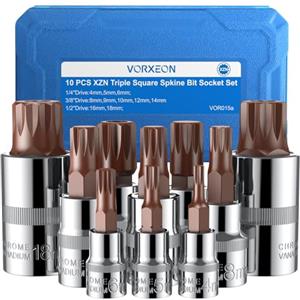 VORXEON 10PCS Chiavi XZN, Chiavi a Bussola Triple Square per 1/4'' 3/8'' 1/2'' Chiave Dinamometrica, Inserti per Avvitatore a Batteria, M4 - M18, in Acciaio Legato CR-V e S2, per Riparazione Moto Auto