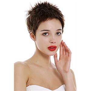 WIG ME UP-M276 HH-8 Parrrucca Capelli veri Donna Uomo Corta Sfilacciata Pixie cut Anni 80 Spazzola Micro frangetta Castano