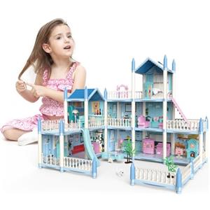 deAO Casa delle Bambole a 3 Piani con 6 Stanze, Set di Gioco Casa delle Bambole, Casa in Miniatura con Mobili e Scivoli, Scale, Recinzioni, Cagnolino e Bambole, Ottimo Regalo per Bambini
