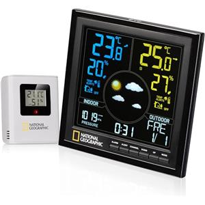 Bresser National Geographic 9070600 - Stazione meteo radio con sensore esterno, schermo VA a colori, nero