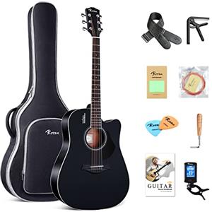 Rosen Chitarra acustica 4/4 Guitar 41 pollici Chitarra in per principianti Bundle con libro, borsa imbottita, corde, plettri, accordatore, chiave a brugola, tracolla, nero