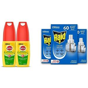 Autan Tropical Vapo Bipacco, Insetto Repellente e Antizanzare, 2 Confezioni da 100ml & Raid Liquido Elettrico tripla ricarica, contro Zanzare Tigre e Zanzare Comuni 3 Confezioni da 36 ml