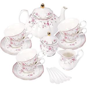 fanquare Set da Tè in Porcellana, Set Tazza da Tè e Piattino, Servizio da Tè da Sei,Nozze Teiera Zuccheriera Crema Brocca, Servizio da Caffè di Fiori China, Rosa Rossa