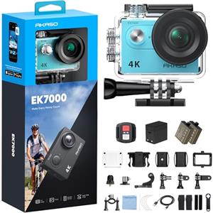 AKASO EK7000 Action Cam 4K 30FPS, WiFi 20MP Fotocamera Subacquea 30M, Videocamera Stabilizzata Caricabatterie con 2 Batterie Angolo di 170° Telecomando 2.4G e Kit Accesorios Multiples (Blu)