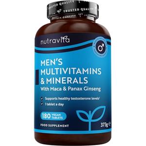 Nutravita Multivitaminico e Multiminerale uomo - 25 vitamine e minerali attivi essenziali tra cui radice di maca e panax ginseng - 180 compresse vegane - senza riempitivi o leganti sintetici