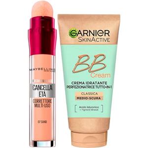 Garnier Skinactive BB Cream Crema Viso Idratante Perfezionatrice Tutto in 1 SPF25 Tonalità Medio-Scura + Il Cancella Età Correttore Liquido Multiuso Colore 07 Sand con Applicatore a Spugnetta