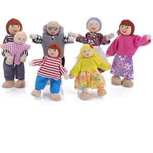 TIESOME Casa delle bambole in legno, 7 pezzi, casa delle bambole in legno, per famiglie, persone, mini bambole regolabili, per la famiglia, giochi di ruolo, in miniatura (B)