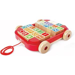 Hape Carrello Trainabile in Legno con 26 Blocchi di Lettere Colorate