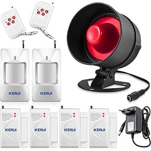 KERUI Allarme Casa Senza Fili, Ring Alarm Ultra Forte con 4 Allarme Porta 2 Telecomando 2 Sensore Movimento 1 Corno da Sirena, Antifurto Casa per Garage, Magazzino, Finestre, Camper, Shed