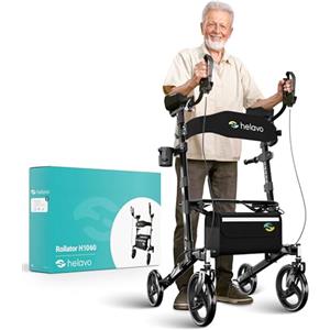 Helavo standing rollator con seduta - deambulatore per anziani pieghevole 4 ruote per interno ed esterno - girello con supporto ascellare, freni, sedile imbottito e schienale regolabile