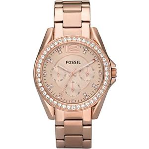 Fossil Orologio Riley da donna, movimento cronografo al quarzo con cinturino in acciaio inossidabile o in pelle, 38 mm, Tonalità oro rosa e glitter