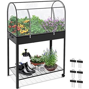 VOUNOT® Orto Urbano Letto da Giardino Copertura Protezione, Fioriera Rialzata Metallo con Ruote Maniglia Laterale e Ripiano Inferiore, per Piante Fiori Ortaggi Terrazzo 80.5x130x43cm, Nero