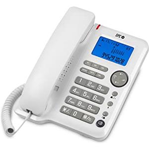 SPC Office ID - Telefono fisso da tavolo o da parete con display illuminato alimentato a batteria, 3 memorie dirette, 3 livelli di suoneria, ID chiamante e vivavoce - Bianco