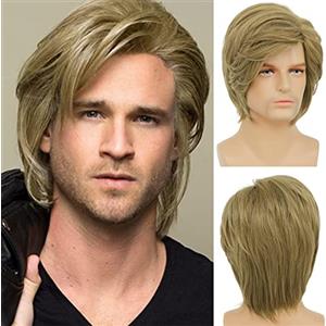 Beweig Parrucca corta per uomo Parrucca cosplay bionda Parrucca sintetica per capelli di Halloween con cappuccio per parrucca