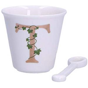 La Porcellana Bianca - Bicchierino Lettera T con Cucchiaino in Porcellana - 75cc, Ø 6,7cm, h6cm - Arredo Casa e Idea Regalo