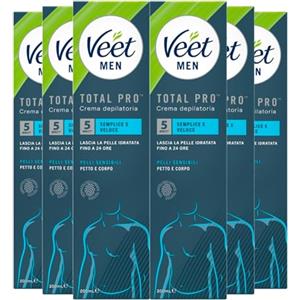Veet Men Crema Depilatoria da Uomo Total Pro per Pelli Sensibili Idratante e Profumata con Spatola per Applicazione e Rimozione Crema - 6 Flaconi da 200ml