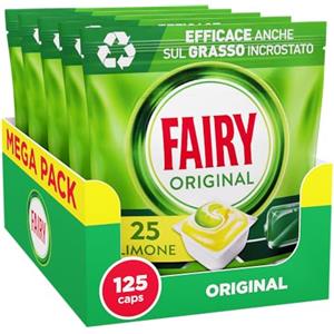 Fairy Original Pastiglie Lavastoviglie, Detersivo Lavatoviglie al Limone, 125 Lavaggi, 5x25 Capsule Lavastoviglie, Azione Pulente al Primo Lavaggio, Efficace sul Grasso Incrostato con Azione Brillante