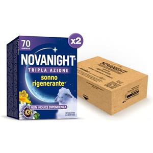 Novanight Tripla Azione Melatonina per Dormire, Integratori per Dormire, Disturbi del Sonno - Senza Glutine, con Melatonina, Escolzia, Passiflora, Melissa, Non Induce Dipendenza (70+70 Compresse)