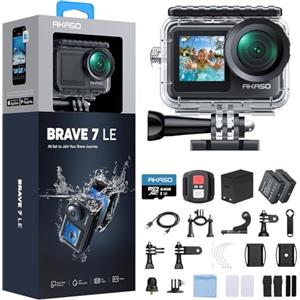 AKASO Brave 7 LE Action Cam 4K 30FPS, Fotocamera Subacquea con microSD 64GB | Impermeabile 40 m con Custodia, IPX7, EIS 2.0, Doppio Schermo, Touch Screen, Telecomando, Microfono Esterno e Zoom