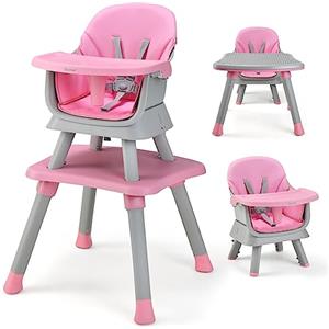 RELAX4LIFE 6 in 1 Seggiolone Pappa, Seggiolone Multfunzionale e Evolutivo con Imbracatura a 5 Punti, Vassoio Rimovibile e Regolabile, Tavolino e Sedia, per Neonati e Bambini 6-36Mesi, 25KG (Rosa)