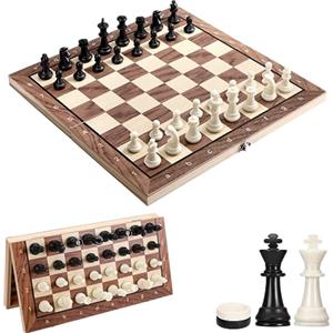 Mkitnvy Scacchiera Magnetica, 3 in 1 Scacchiera in Legno, Gioco da Scacchi Backgammon Dama, Portatili e Pieghevole Scacchi da Viaggio per Adulti Bambini All'aperto Festa - 29x29cm