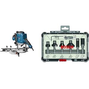 Bosch Professional Fresatrice verticale GOF 1250 CE + Bosch Professional Set Frese da 6 pz. per Profilare Smussare e Scanalare (per Legno, Accessorio Fresatrici Verticali con Codolo di 8 mm)