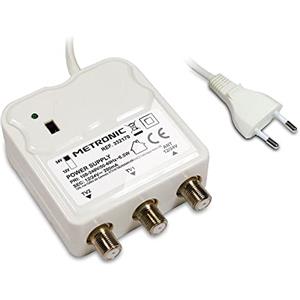 METRONIC 332170 Amplificatore per interni con regolazione del guadagno, 2 uscite TV 9,52 mm - Alimentazione 12/24 V per amplificatore TV - Alimentazione elettrica - Bianco