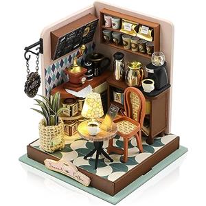Cuteefun Kit Case in Miniatura da Costruire DIY, Miniature Casa delle Bambole Fai da Te con Mobili, Natale Halloween Regalo di Compleanno(Tempo del caffè)