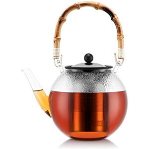 Bodum Teiera a Pressione in Borosilicato Assam, Filtro in Acciaio Coperchio in Silicone e Manico in Bambu', Lt 1.5, Bambou, Transparent, Inox, 16.4 cm