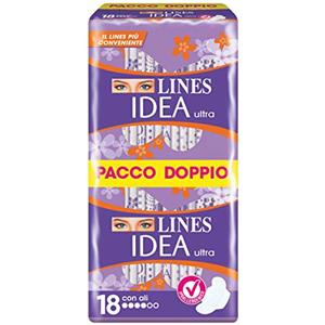 LINES IDEA ULTRA GIORNO con ali, Pacco scorta da 18 assorbenti per ciclo mestruale, offre comfort e protezione, assorbente Ipoallergenico,con cuore LINES super assorbente, neutralizza odori