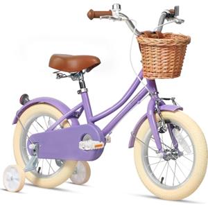 Glerc 14 pollici bambini ragazze bici per 3 4 5 anni bambine stile retrò vintage con cestino ruote di formazione e campanello, viola