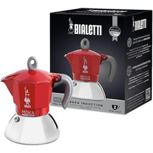 Bialetti Caffettiera Moka Induction, 2 Tazze (100 ml), Adatta a Tutti i piani cottura, Design Elegante, Rosso