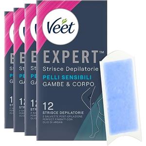 Veet Expert Strisce Depilatorie Gambe & Corpo Pelli Sensibili Formula con Olio di Mandorla Linguetta EasyGrip e Salviette Post-Epilazione Perfect Finish con Olio d'Argan - 4 Confezioni da 12 Strisce