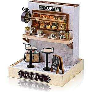 Cuteefun Miniature Casa delle Bambole DIY, Kit Case in Miniatura da Costruire Fai da Te con Mobili Copertura Antipolvere e Strumenti, Natale Halloween Regalo di Compleanno(Caffetteria)