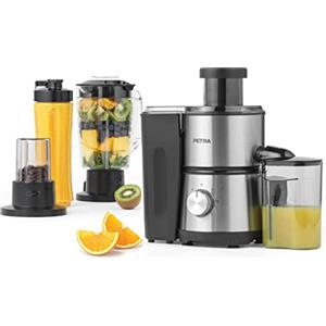 Petra PT4294VDEEU7 4 in 1 Centrifuga elettrica - spremiagrumi, frullatore, macinacaffè, caraffa da 1 l e Bottiglia, 2 velocità a impulsi, frullati proteici, Tazza da 30 g di caffè, Senza BPA, 400W