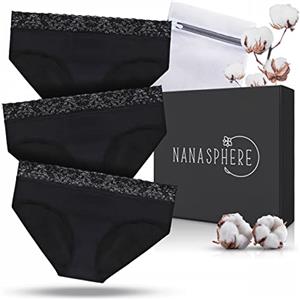 NANASPHERE Mutande Assorbenti Mestruali Set di 3 + Sacco Lavaggio | Donna Ciclo Flusso Abbondante | Cotone Organico | Slip Mestruale Donna | Incontinenza Perdita Urinaria Post Parto Adolescente (XS)