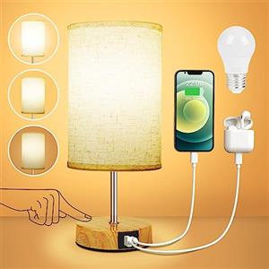 Suright Lampada da Comodino Touch Dimmerabile, Lampada da Tavolo con Porte di Ricarica USB A+C, Paralume in Tessuto di Lino, Abat Jour da Comodino per Camera da Letto Soggiorno (Lampadina Inclusa)