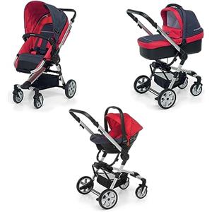 Foppapedretti Trio Supertres I-Size, Sistema Modulare Combinato per Bambini, Navicella Passeggino e Seggiolino auto I-Size, Maniglione e Poggiagambe Regolabili, conforme ECE R129, Denim Rosso