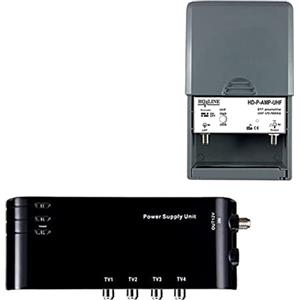 HD-LINE - Kit di preamplificatore 4 in 1, amplificatore TV e alimentatore con 4 uscite TV per antenna digitale terrestre, colore: nero