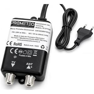 prometeo electronics Alimentatore 12V 200mA per Amplificatore Antenna TV Digitale Terrestre DVB-T2 con Connettori F | Alimentatore Switching Compatto | Mod. DTV-200 Prometeo Electronics
