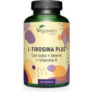 Vegavero L-Tirosina Vegavero® | 1200 mg | con Iodio, Selenio, Vitamina B12, B5, B3, Acido Folico e Biotina | Integratore per Tiroide, Metabolismo e Concentrazione | 180 capsule | Vegan
