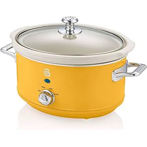 Swan Retro SF17021YELNEU Slow Cooker 3,5L Contenitore di Cottura Rimovibile, Ceramic Non-Stick PFOA & PTFE Free, 3 Livelli di Temperatura, Coperchio di Vetro, Design Vintage, Giallo, 200W